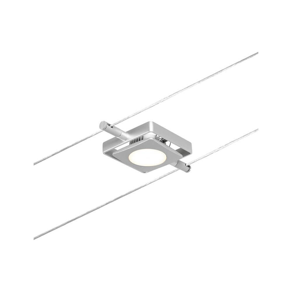 CorDuo LED Seilsystem Mac Einzelspot Chrom-Matt auf Seil montiert, ideal für kreative Raumgestaltungen.