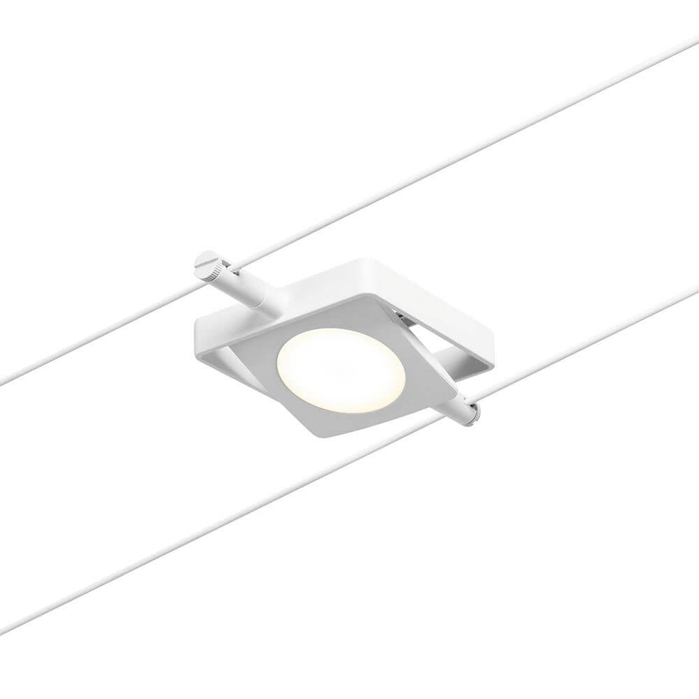 CorDuo LED Seilsystem Mac Einzelspot Weiß-Matt, Chrom an Seilsystem montiert.