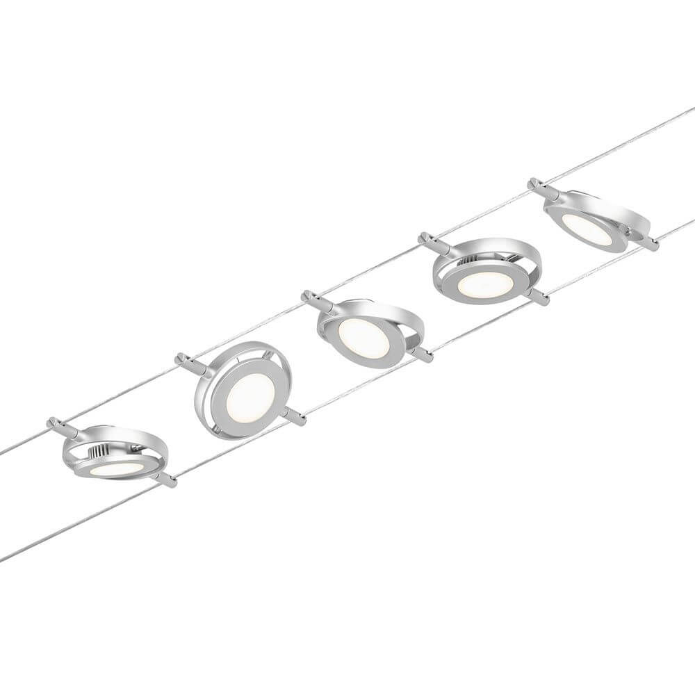 CorDuo LED Seilsystem Round Mac Basis-Set Chrom-Matt mit fünf runden Spots an einem Kabel.