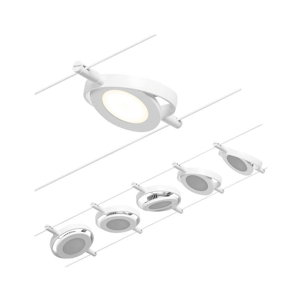 CorDuo LED Seilsystem Round Mac Basis-Set Weiß, Chrom mit kreisförmigen Spots und Seilen zur flexiblen Montage.