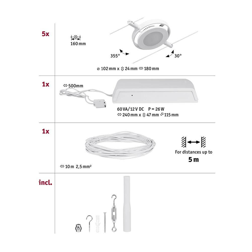CorDuo LED Seilsystem Round Mac Basis-Set Weiß, Chrom Zubehör und Montageanleitung für individuelles Lichtdesign.