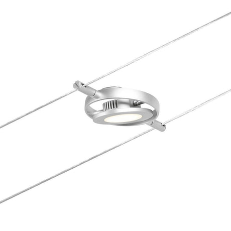 CorDuo LED système sur câble Round Mac spot individuel chromé mat monté sur un câble, idéal pour des aménagements d’espace créatifs.