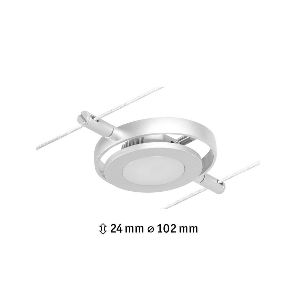 CorDuo LED Seilsystem Round Mac Einzelspot Chrom-Matt auf Seilsystem mit Abmessungen 24 mm und 102 mm Durchmesser.