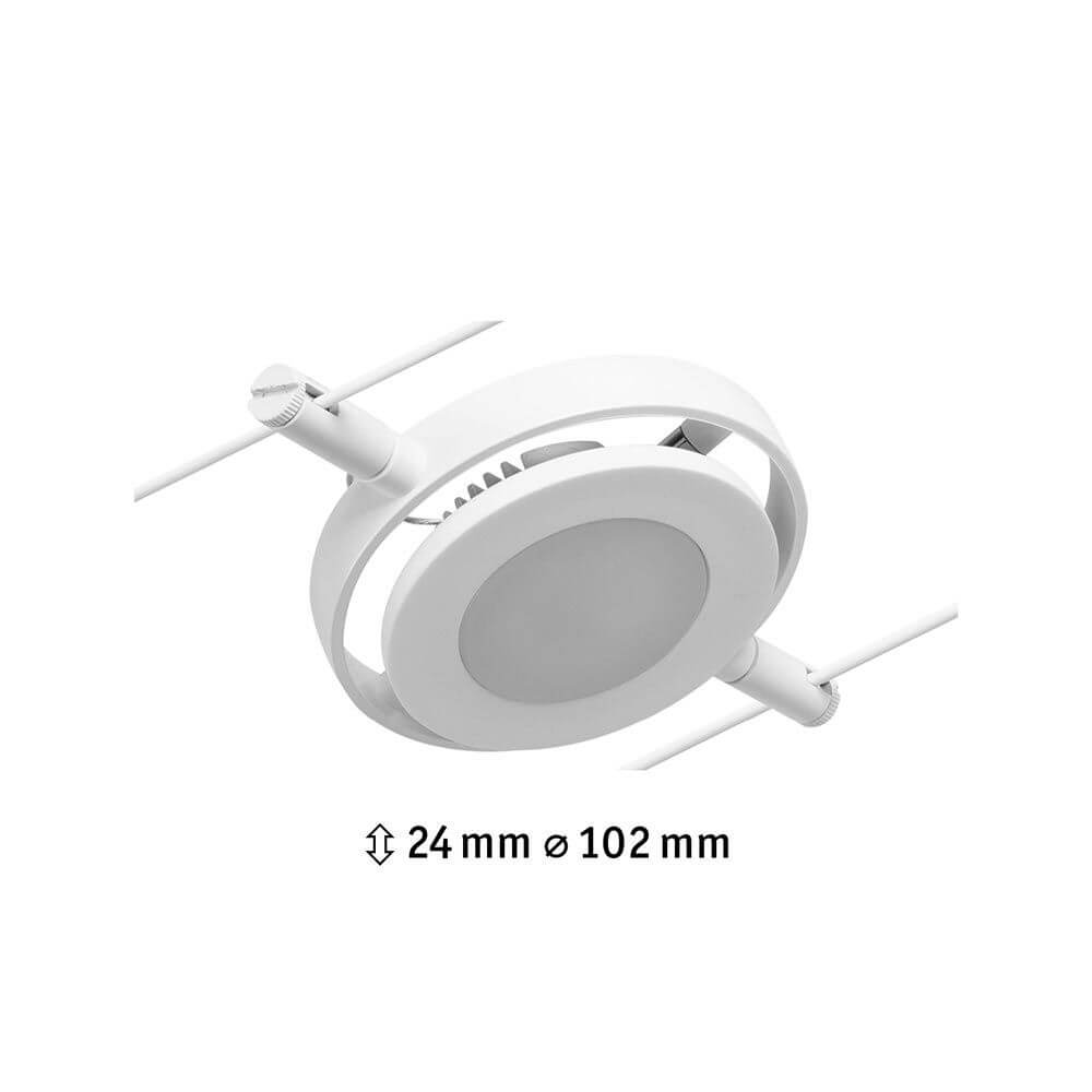 CorDuo LED Seilsystem Einzelspot Round Mac Weiß-Matt, Chrom, abgebildet in der Detailansicht, 24 mm hoch, 102 mm Durchmesser.