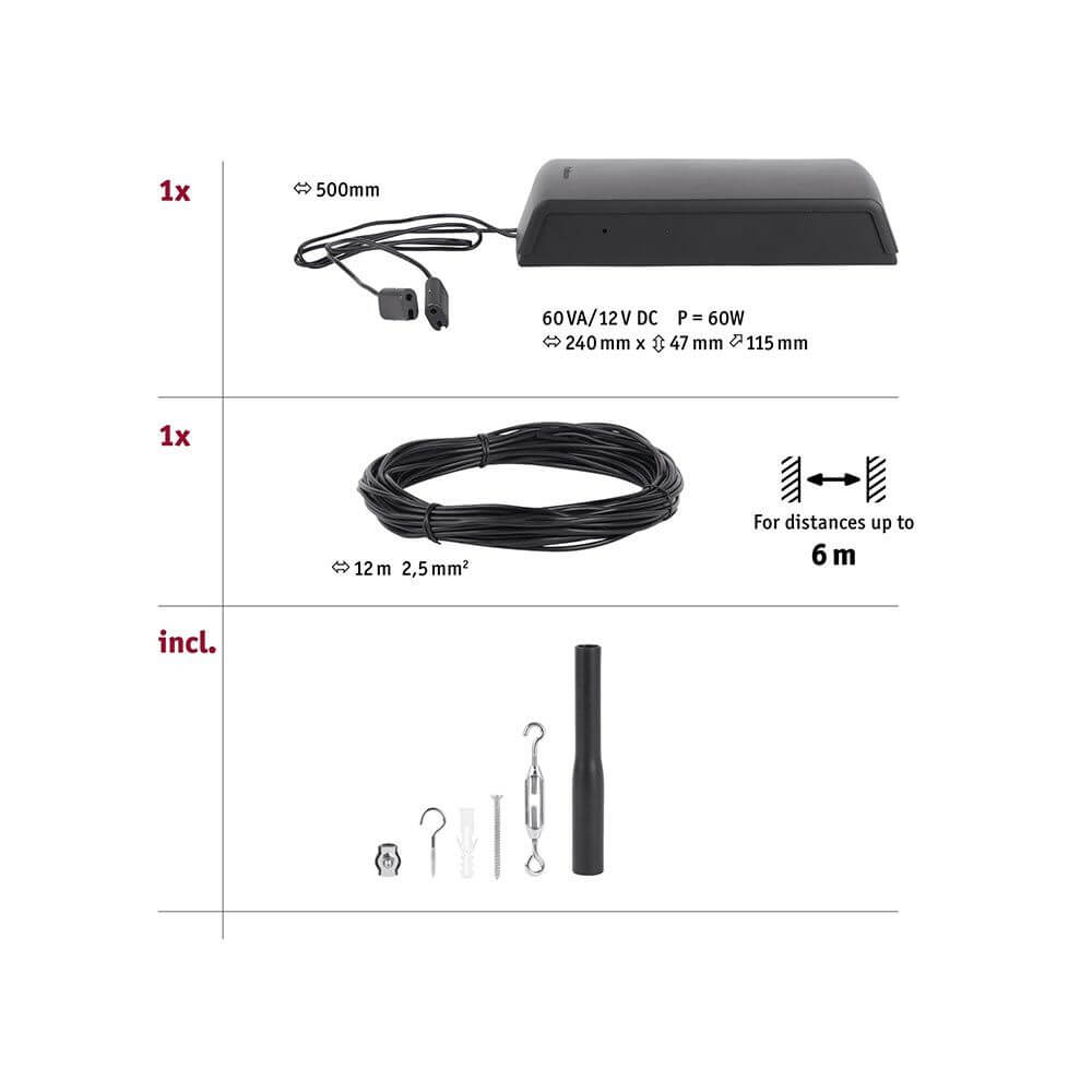 CorDuo Seilsystem Basis-Set Schwarz-Matt Zubehör: Netzteil, Seil und Montageelemente.