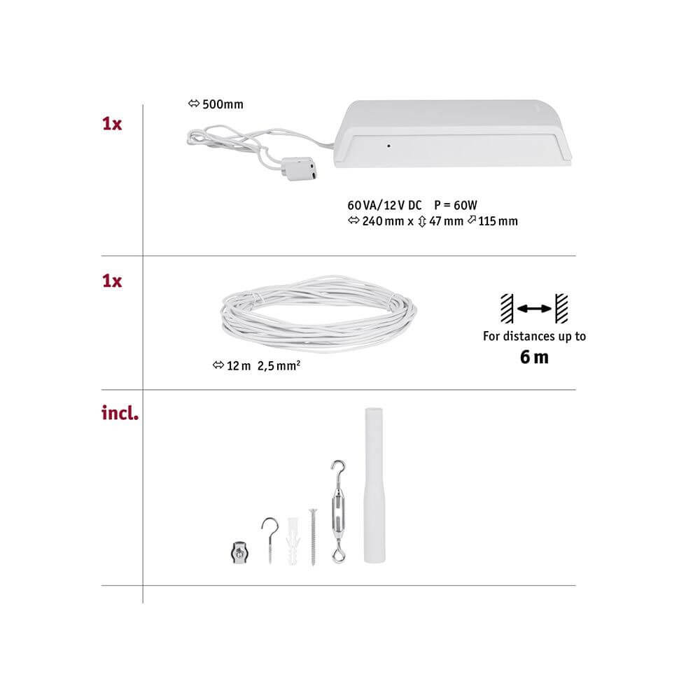 CorDuo Seilsystem Basis-Set Weiß-Matt Komponenten: 12m Seil, 60W Trafo, Zubehör für flexible Montage.
