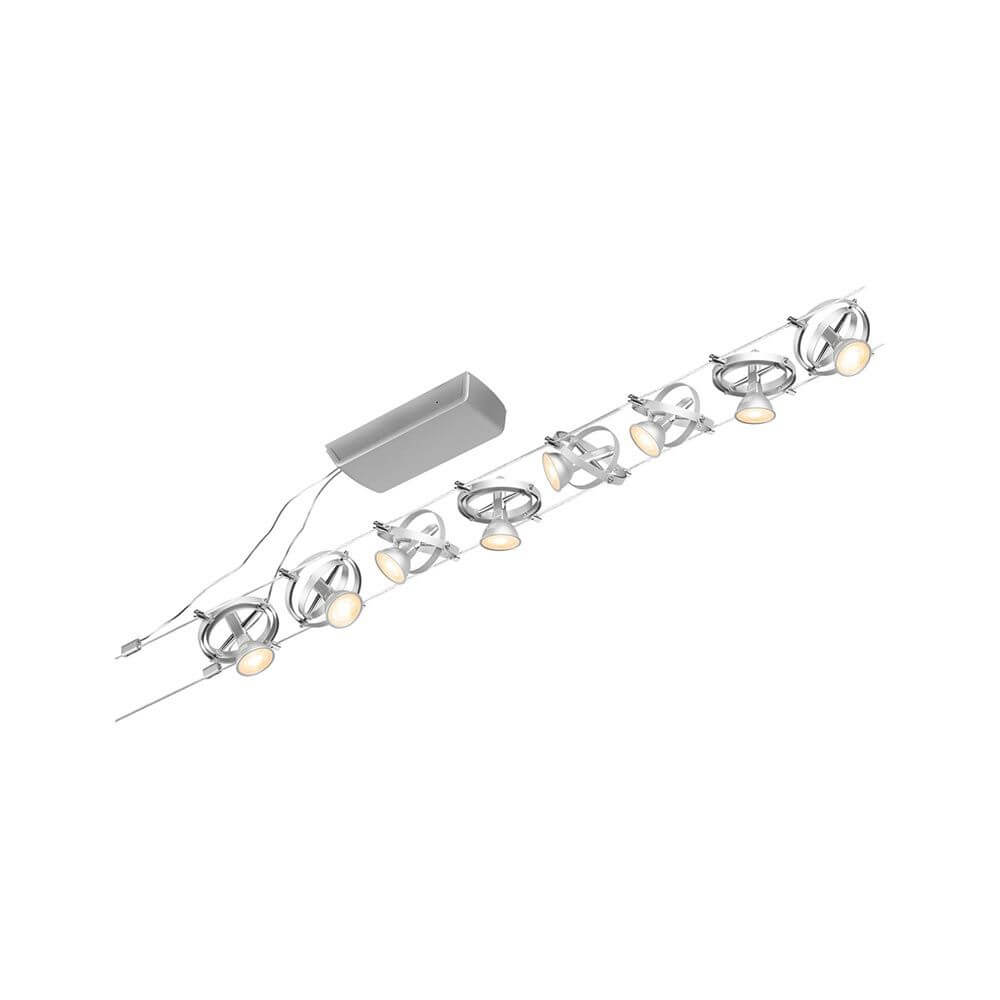 CorDuo Seilsystem Cardan Basis-Set 8-flammig Chrom-Matt mit 8 Spots und Montageoptionen an Wand und Decke.