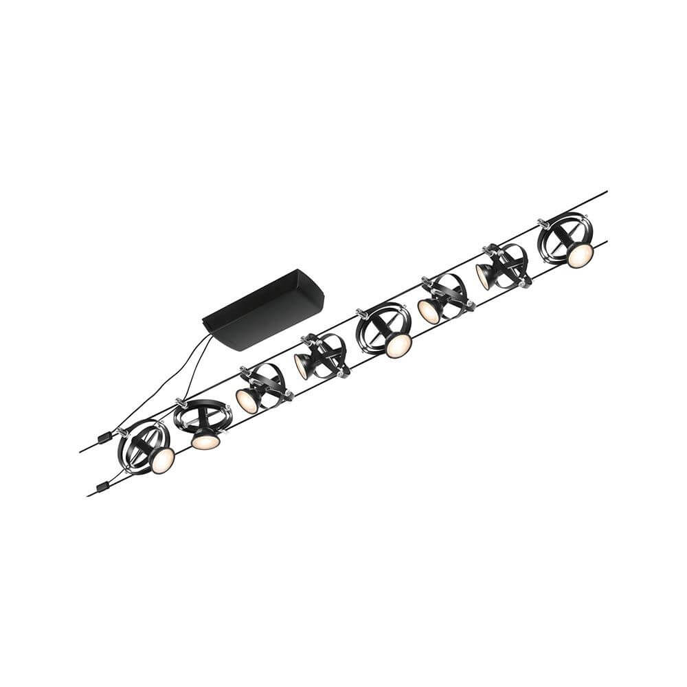CorDuo Seilsystem Cardan Basis-Set 8-flg. Schwarz-Matt an Decke montiert mit 8 Spots in modernem Design.