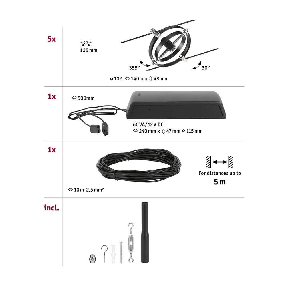 CorDuo Seilsystem Cardan Basis-Set 8-flg. Schwarz-Matt Komponentenübersicht mit Hardware und Zubehör