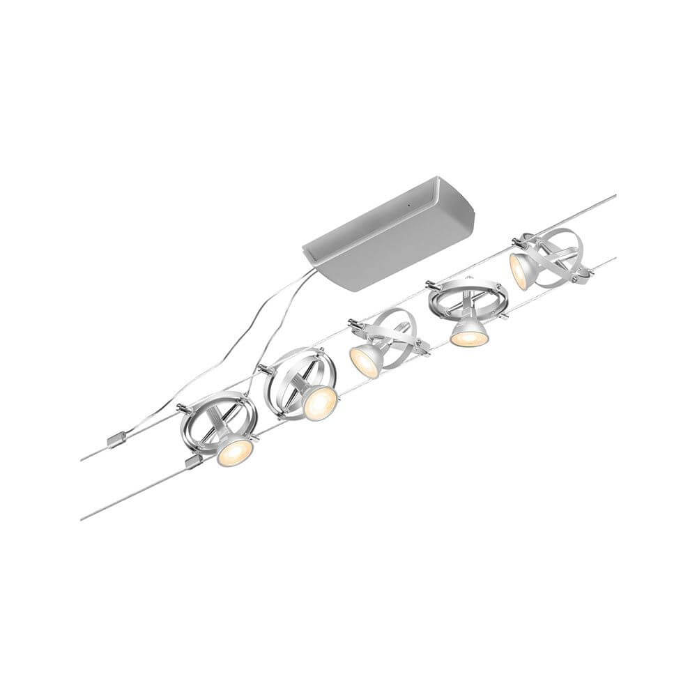 CorDuo Seilsystem Cardan Basis-Set Chrom-Matt mit fünf Spots und Deckenmontage.