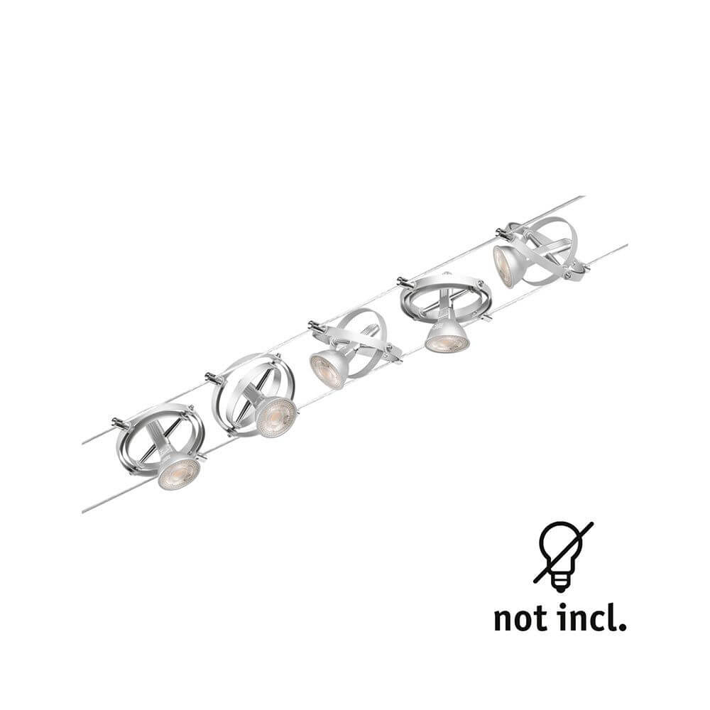 CorDuo Seilsystem Cardan Basis-Set Chrom-Matt mit drei Spots und Umlenkern am Kabel.