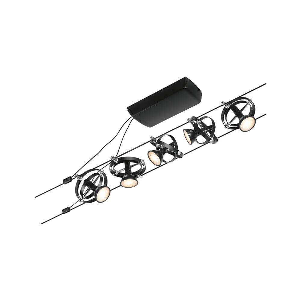 CorDuo Seilsystem Cardan Basis-Set Schwarz-Matt, Chrom mit fünf Spots und schwarzem Montageset.
