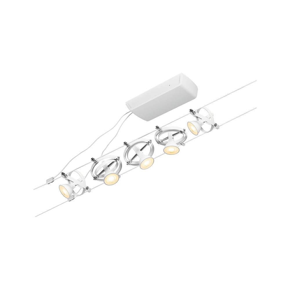 CorDuo Seilsystem Cardan Basis-Set Weiß-Matt, Chrom an Wand montiert mit mehreren Spots.