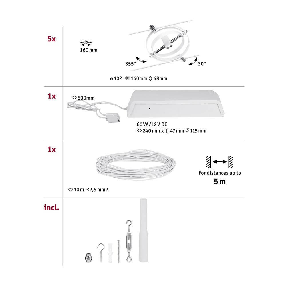 CorDuo Seilsystem Cardan Basis-Set Weiß-Matt, Chrom mit Zubehörteilen und technischen Details