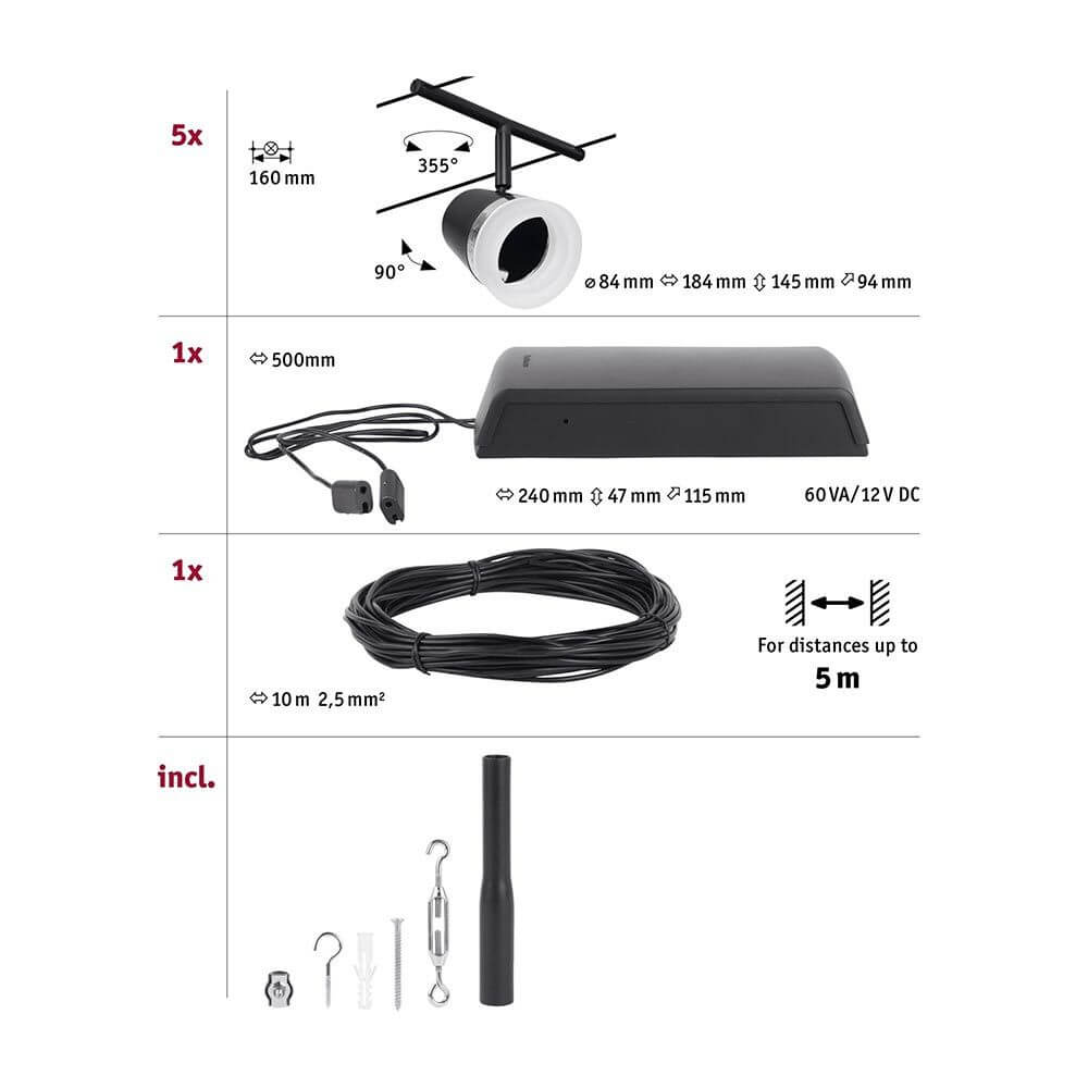 CorDuo Seilsystem 5-flammig Cone Basis-Set Schwarz, Chrom
