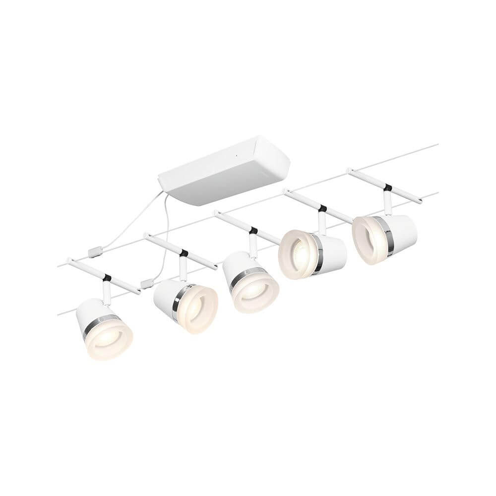 CorDuo Seilsystem Cone Basis-Set Weiß-Matt, Chrom - 5-Spot Seilsystem, wand- und deckenmontierbar, weiße Korpusoptik mit Chromring
