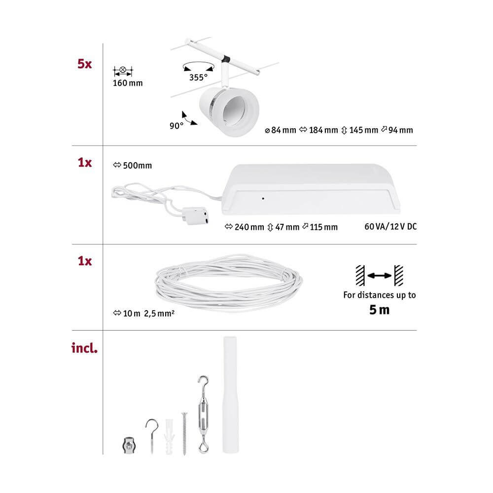 CorDuo Seilsystem Cone Basis-Set Weiß-Matt, Chrom - Set mit 5 Spots, Trafo, Kabel und Montagezubehör
