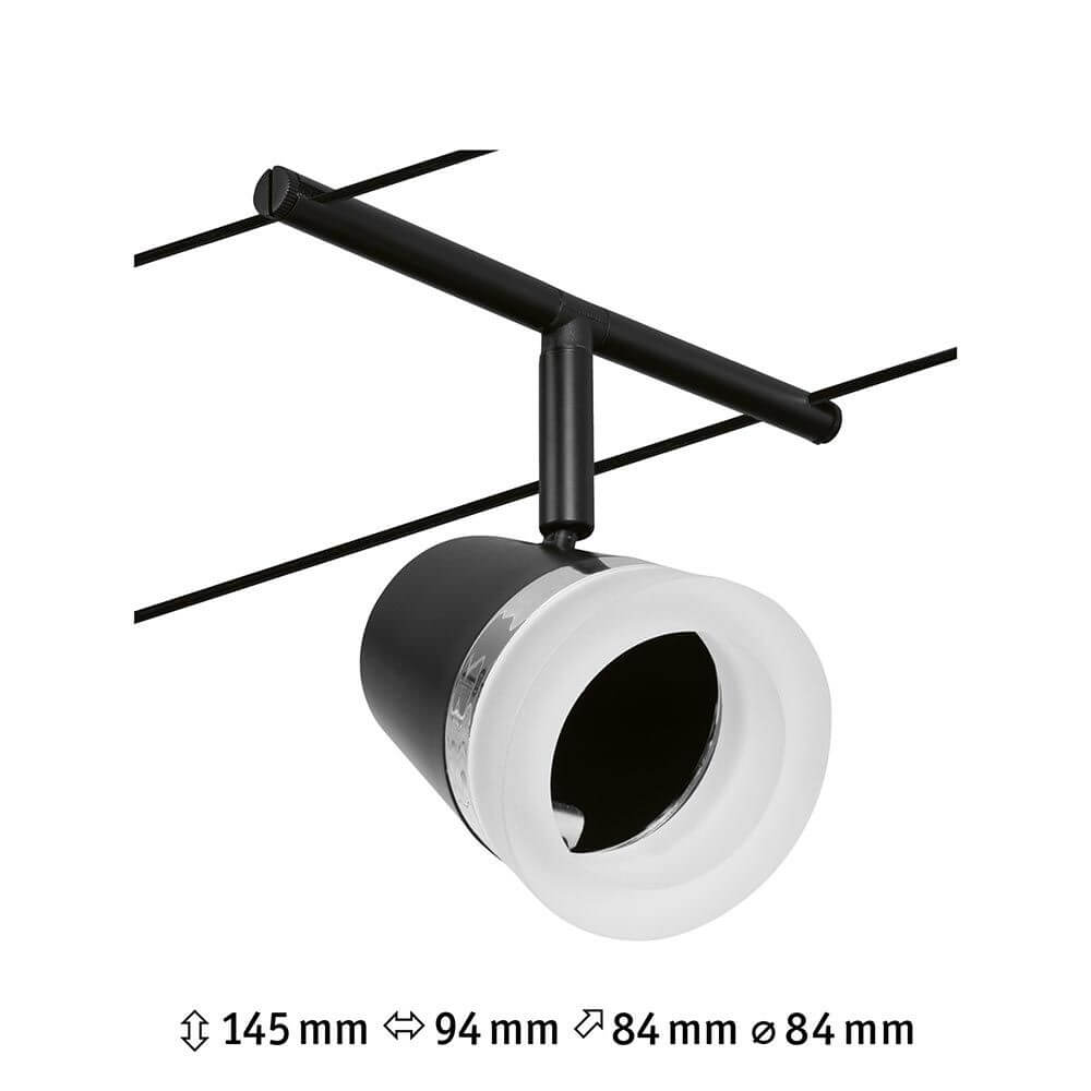 CorDuo Seilsystem Cone Einzelspot Schwarz-Matt, Chrom - Einzelner schwarzer Cone-Spot am Seilsystem, wand- oder deckenmontierbar, mattes Schwarz mit Chromrand
