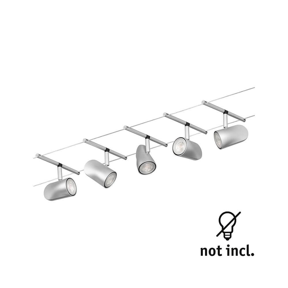 CorDuo Seilsystem Cup Basis-Set Chrom-Matt mit 5 Spots an Drahtseil, chrom matt, wand- oder deckenmontierbar, Leuchtmittel nicht inkl.