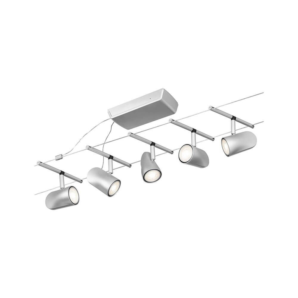 Alt Tag: CorDuo Seilsystem Cup Basis-Set Chrom-Matt mit 5 verstellbaren Spots für Wand- und Deckenmontage