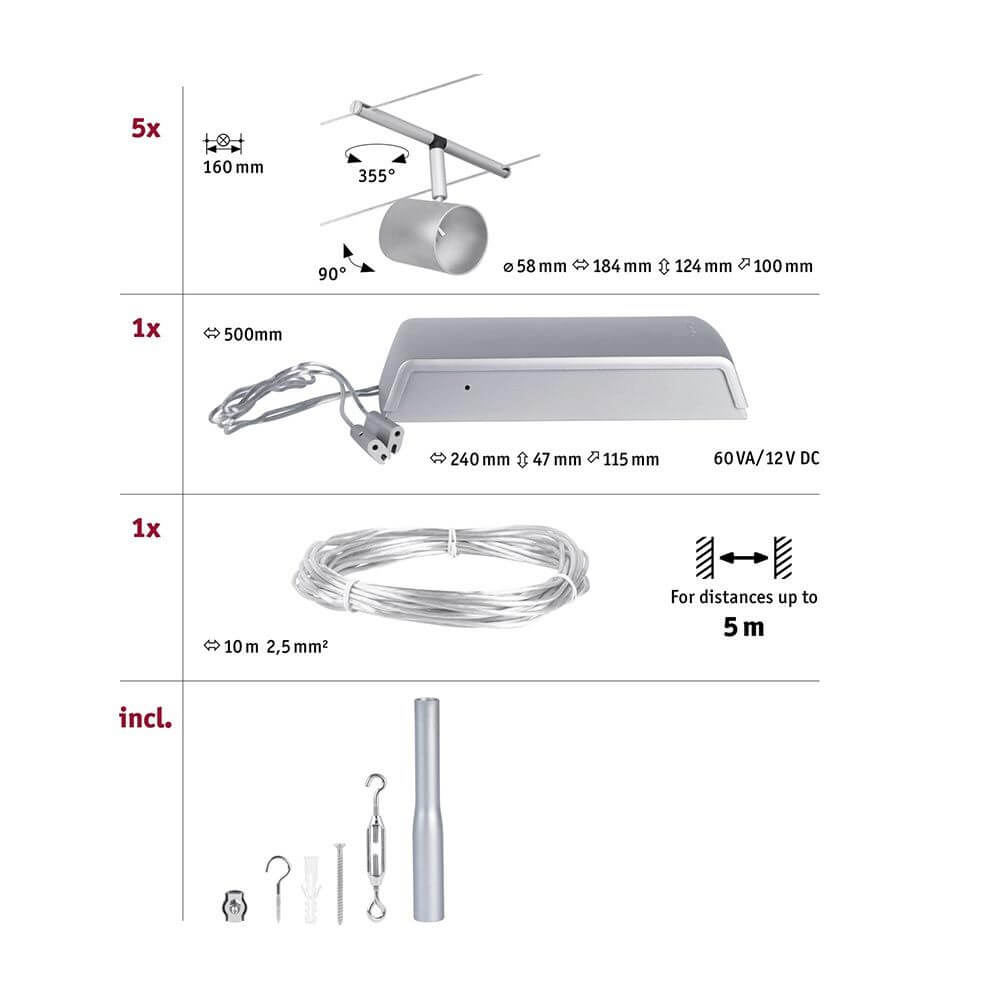 CorDuo Seilsystem Cup Basis-Set Chrom-Matt Produktabbildung mit 5 Spots, Trafo, Kabelrolle und Montagezubehör
