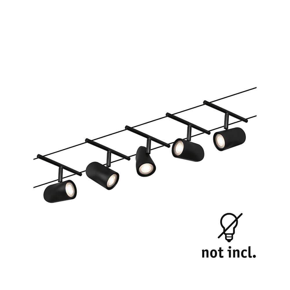 CorDuo Seilsystem Cup Basis-Set Schwarz-Matt, Chrom mit 5 Spots ohne Leuchtmittel.