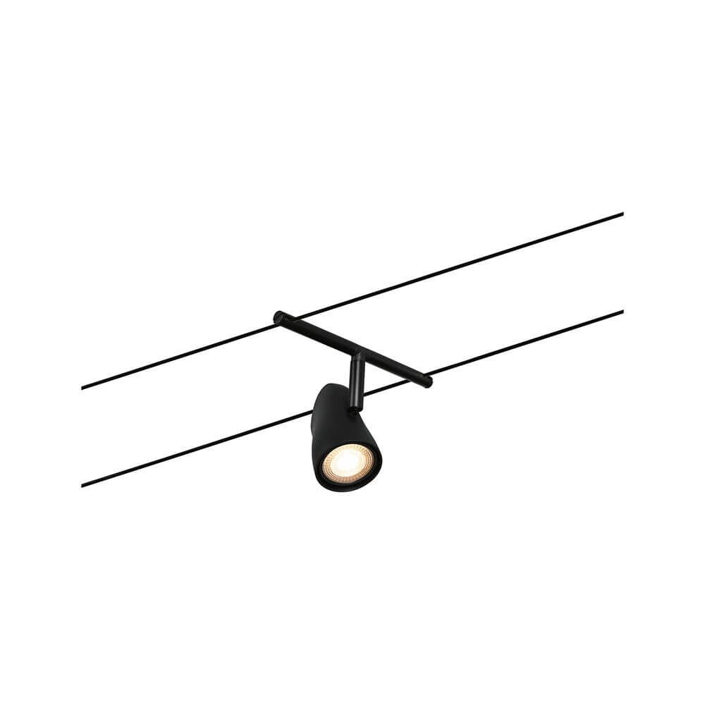 CorDuo Seilsystem Cup Basis-Set Schwarz-Matt, Chrom mit Spot auf Seil installiert.