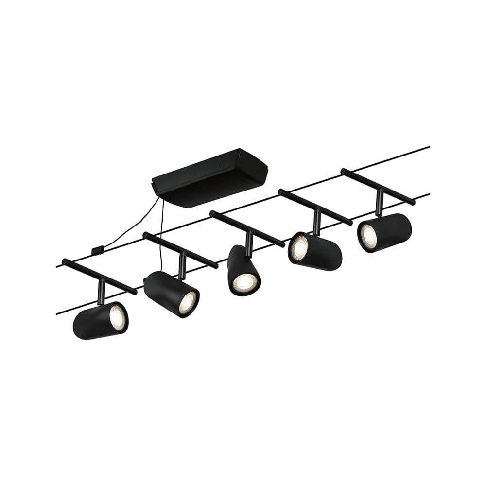 CorDuo Seilsystem Cup Basis-Set Schwarz-Matt, Chrom mit 5 Spots ohne Leuchtmittel.