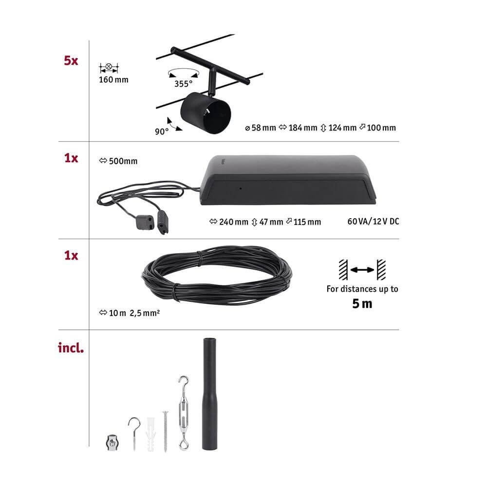 CorDuo Seilsystem Cup Basis-Set Schwarz-Matt, Chrom mit 5 Spots und Zubehör für individuelle Montageoptionen.