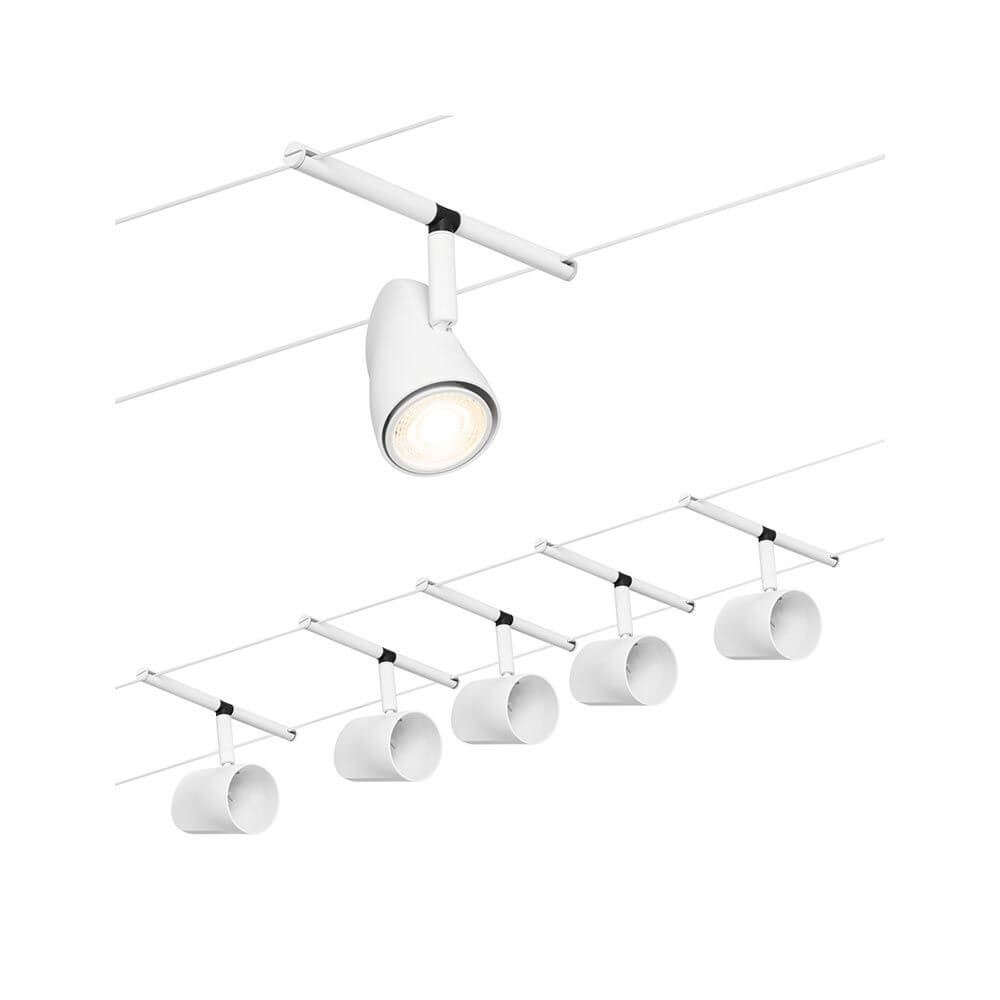 CorDuo Seilsystem Cup Basis-Set Weiß-Matt, Chrom mit 5 Spots ohne Leuchtmittel montiert.