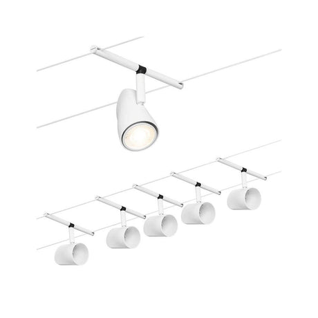 CorDuo cable system Cup base set matt white, chrome with 5 spots without light source installed.