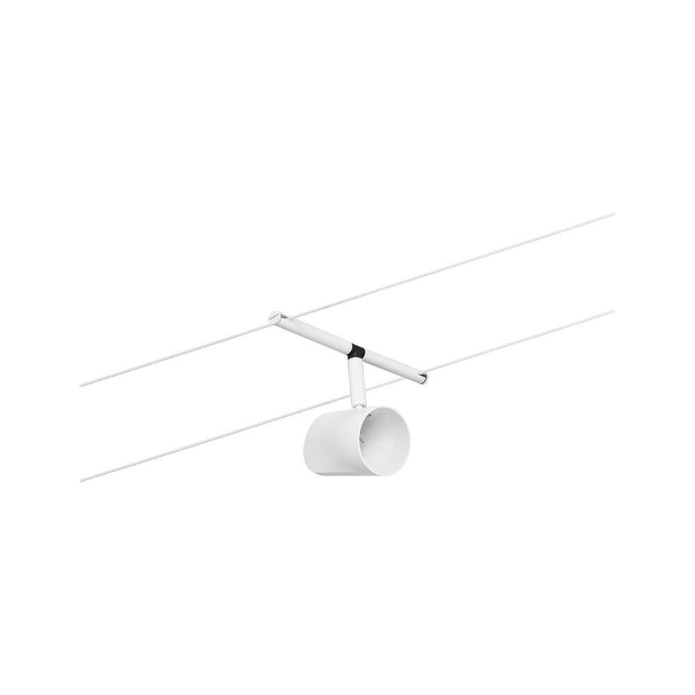 CorDuo Seilsystem Cup Basis-Set Weiß-Matt, Chrom mit Spot auf Seil für flexible Raumgestaltung.