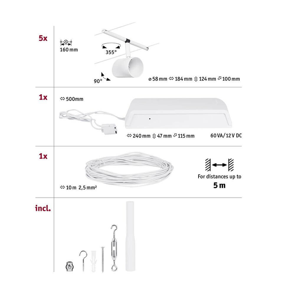 CorDuo Seilsystem Cup Basis-Set Weiß-Matt, Chrom: Set mit Montagezubehör und 5 Spots zur Wand- und Deckenmontage.