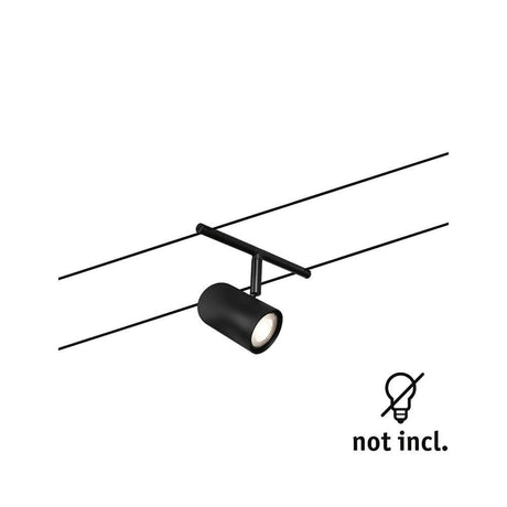 Spot individuel Cup du système de câble CorDuo noir mat, chrome monté sur un câble avec indication représentée.