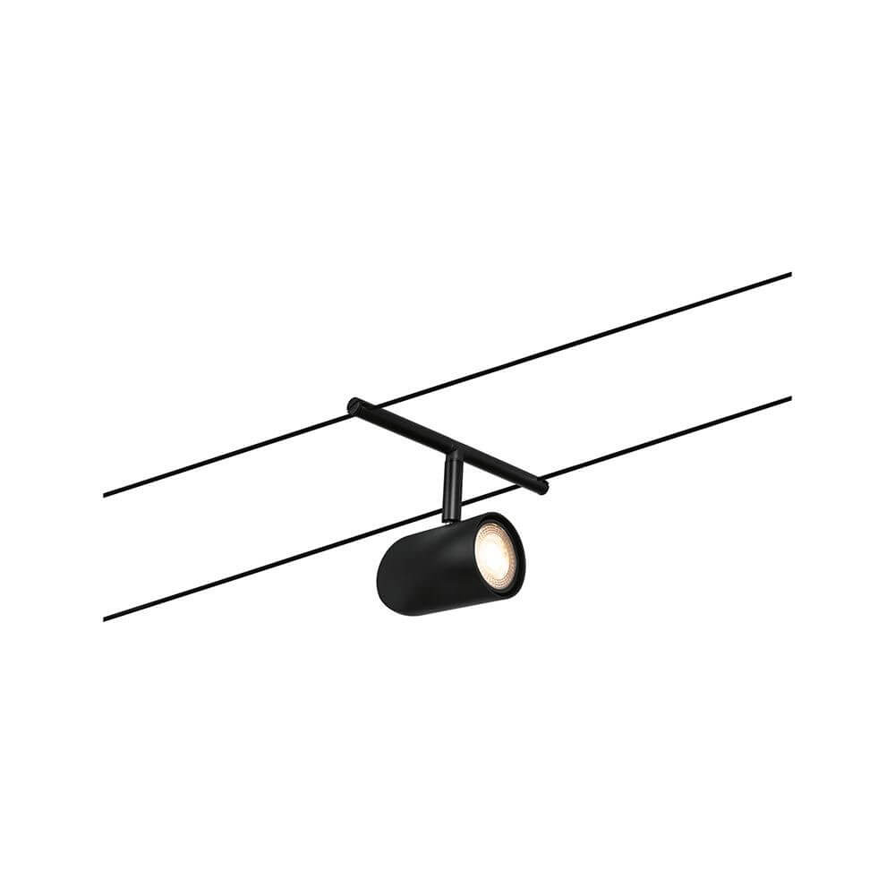 CorDuo Seilsystem Cup Einzelspot Schwarz-Matt, Chrom an einem Seil montiert.