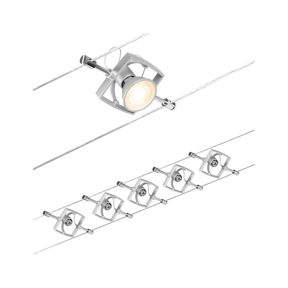CorDuo Seilsystem Mac II Basis-Set Chrom-Matt mit LED-Spots an einem Seil montiert