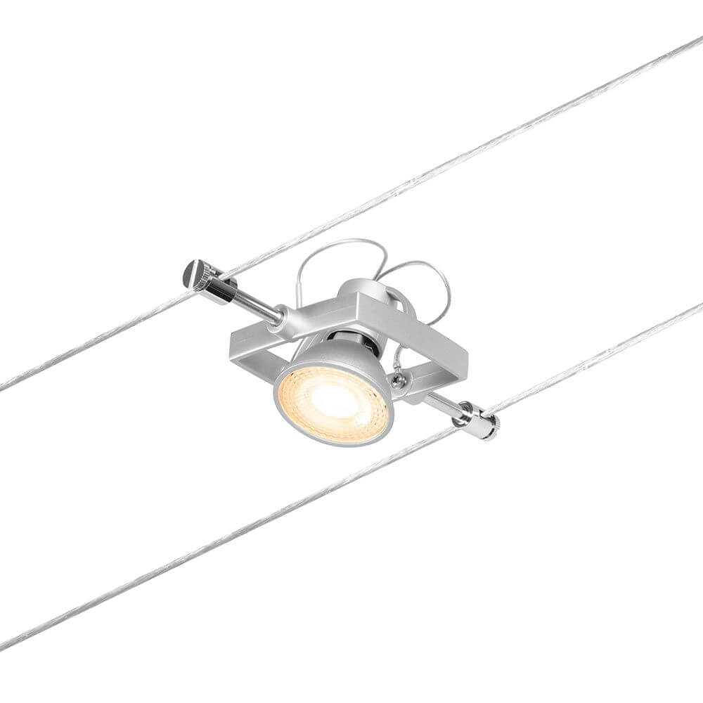 CorDuo Seilsystem Mac II Basis-Set Chrom-Matt mit runder LED-Leuchte und Seilmontage.
