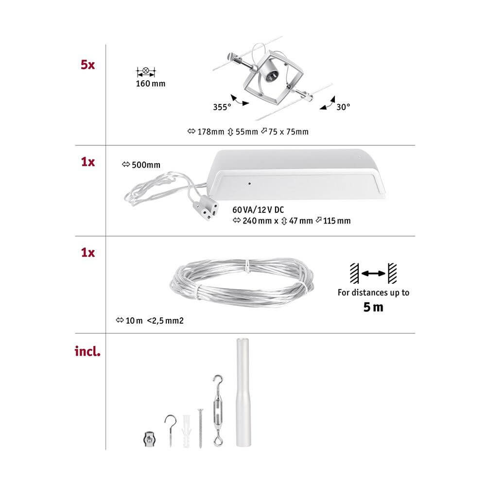 CorDuo Seilsystem Mac II Basis-Set Chrom-Matt Komponentenübersicht mit Lampen, Kabel und Zubehör.