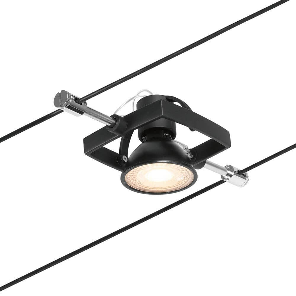 CorDuo Seilsystem Mac II Basis-Set Schwarz-Matt, Chrom mit schwenkbarem Spot auf Seil montiert.
