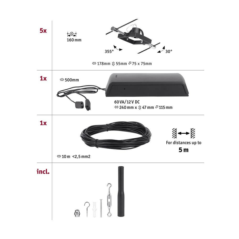 CorDuo Seilsystem Mac II Basis-Set Schwarz-Matt, Chrom Zubehör und Montageanleitung.