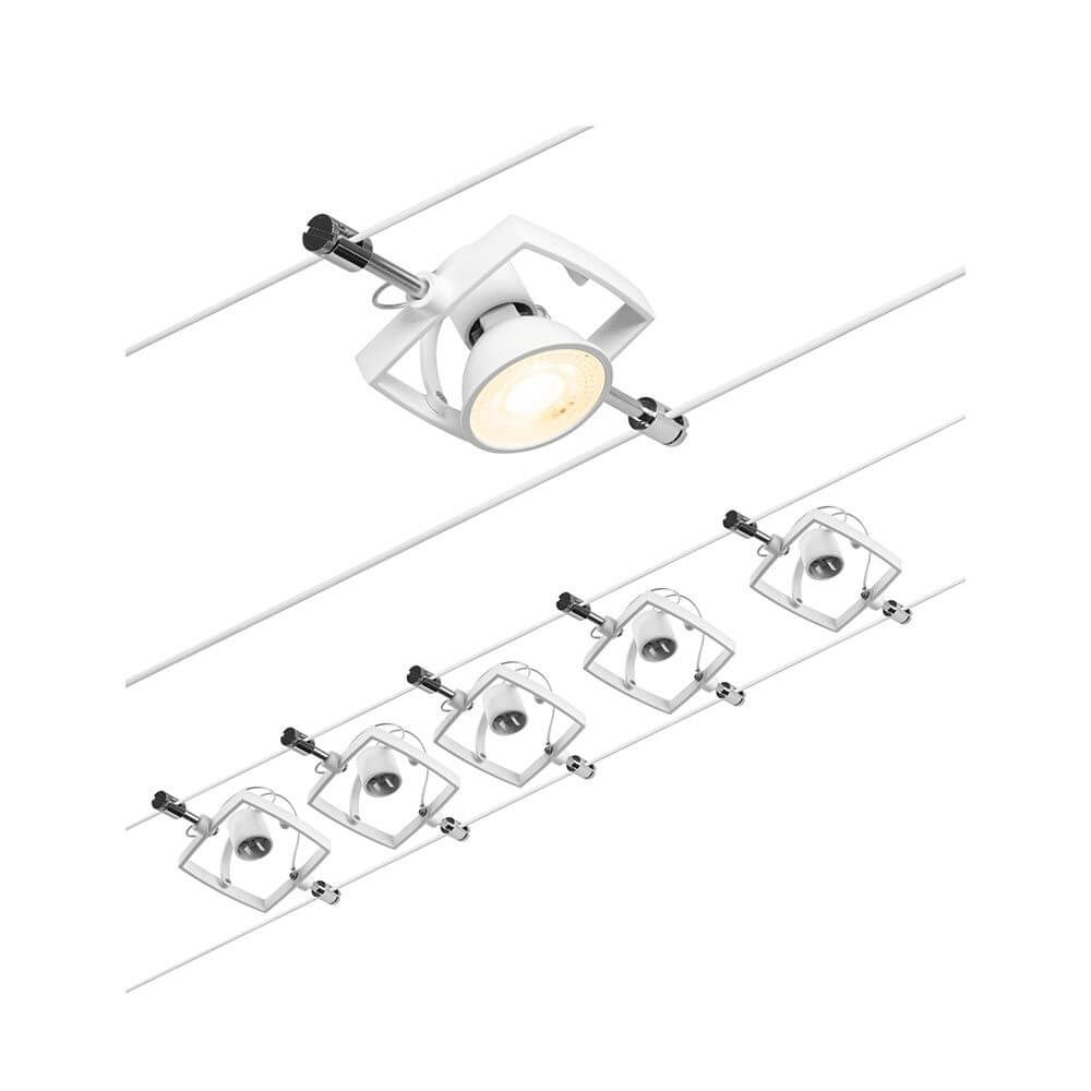 CorDuo Seilsystem Mac II Basis-Set Weiß-Matt, Chrom mit fünf weißen Spots auf einem Seil.