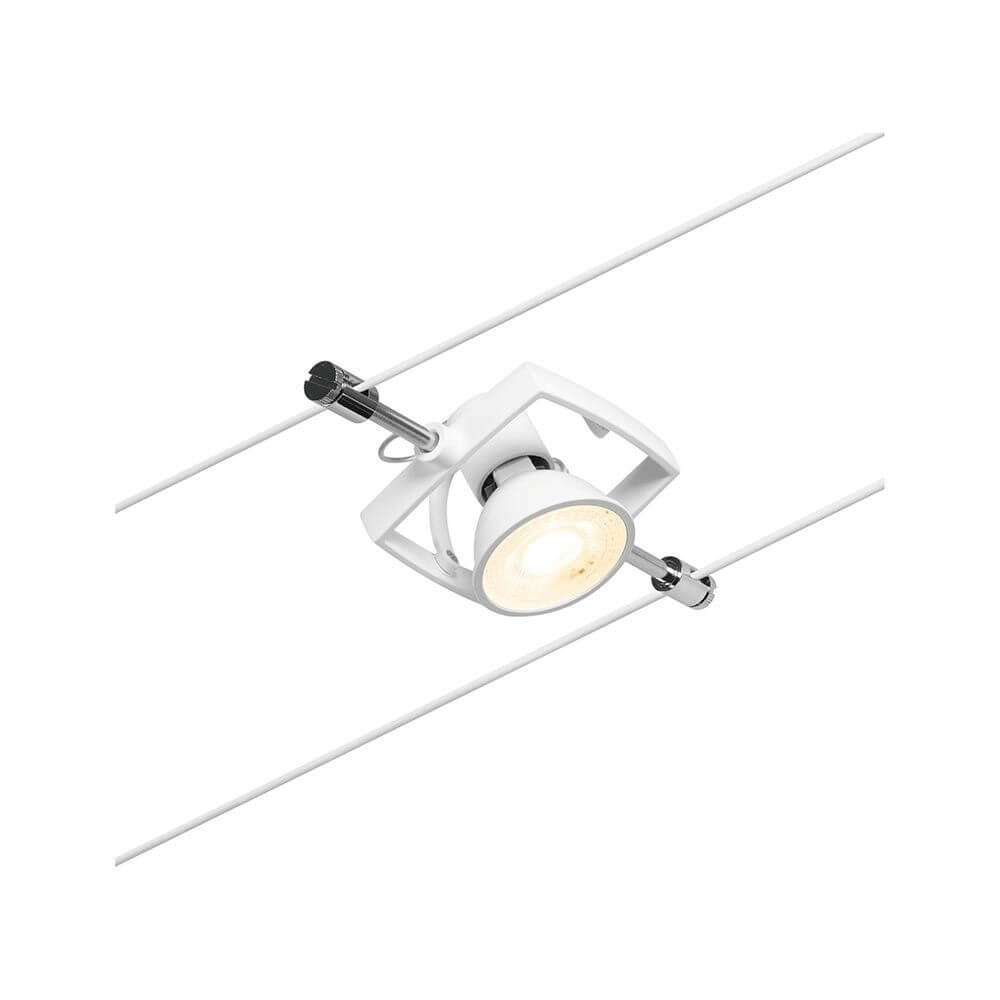CorDuo Seilsystem Mac II Basis-Set Weiß-Matt, Chrom mit integriertem Spot auf Seilsystem montiert.