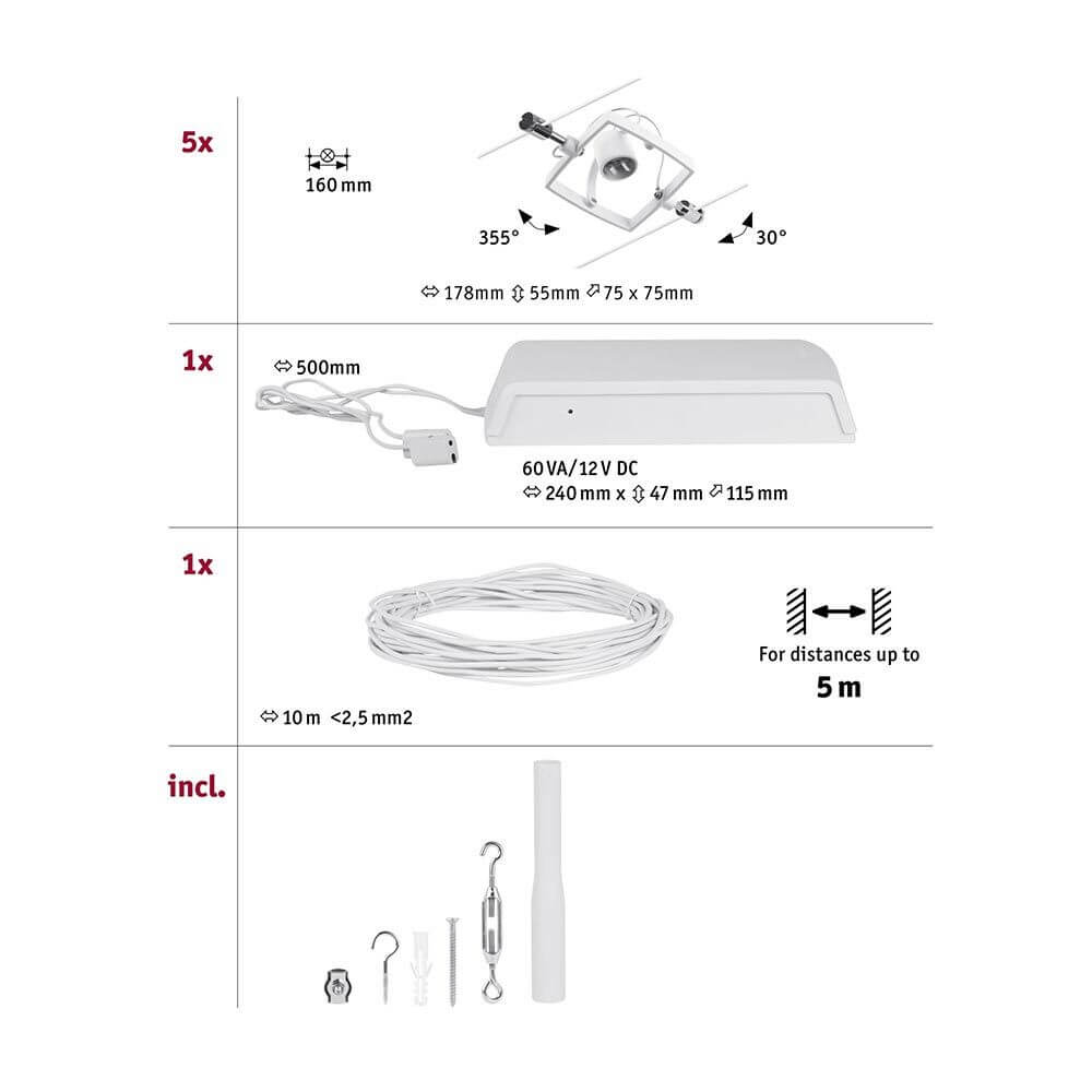 CorDuo Seilsystem Mac II Basis-Set Weiß-Matt, Chrom Zubehör und Montageinformationen Ansicht