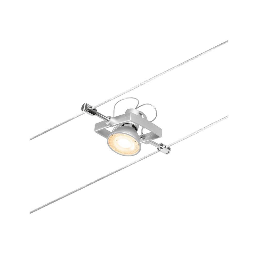 CorDuo Seilsystem Mac II Einzelspot Chrom-Matt auf Seilsystem montiert, ideal für kreative Raumgestaltungen.