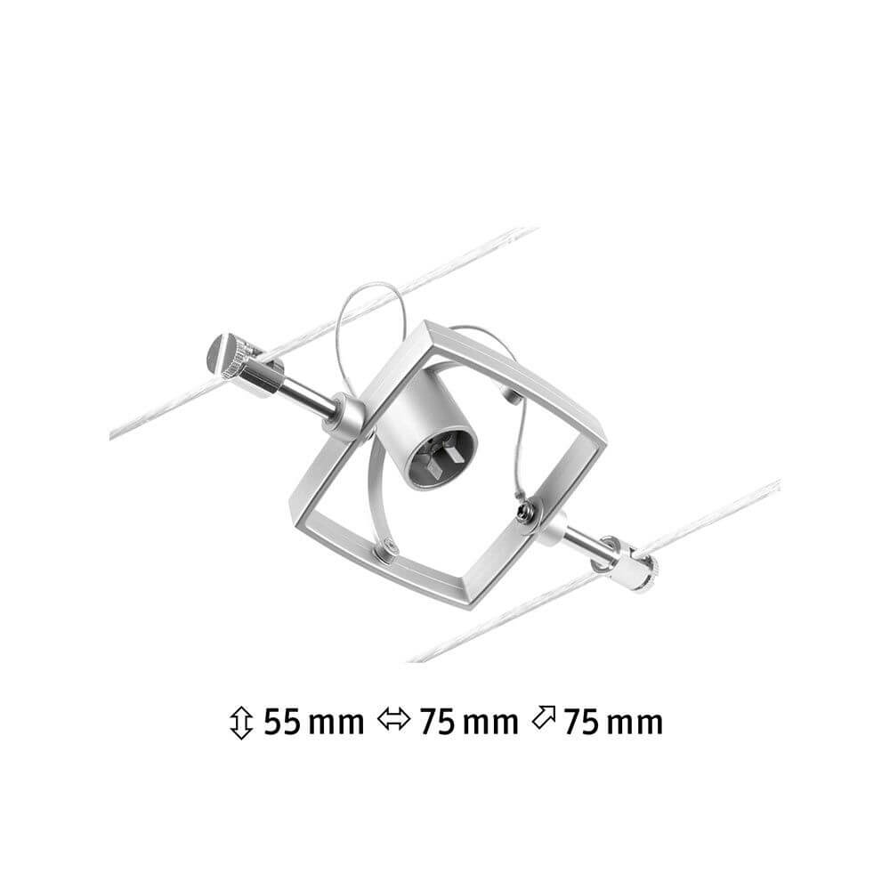 CorDuo Seilsystem Mac II Einzelspot Chrom-Matt mit abmessungen 55mm und 75mm, ideal zur Wand- und Deckenmontage.