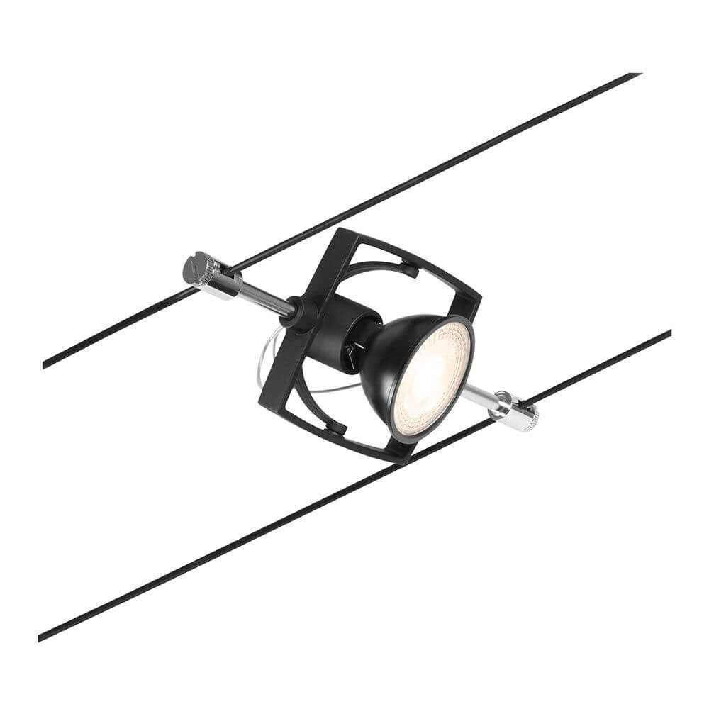 CorDuo Seilsystem Mac II Einzelspot Schwarz-Matt, Chrom an einem Seilsystem montiert.