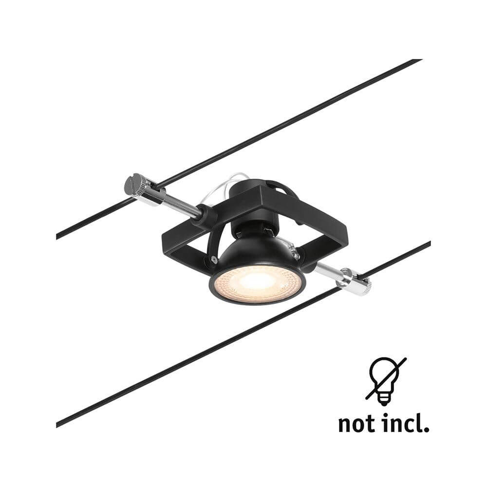 CorDuo Seilsystem Mac II Einzelspot Schwarz-Matt, Chrom auf Seil montiert mit Lichtstrahl.