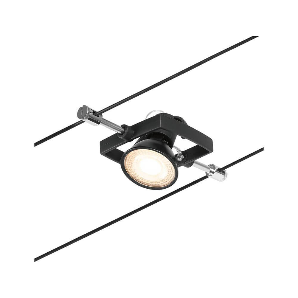 CorDuo Seilsystem Mac II Einzelspot Schwarz-Matt, Chrom an einem Seilsystem montiert.