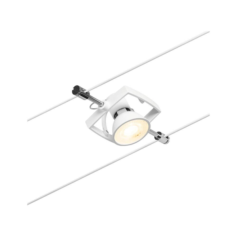 CorDuo Seilsystem Mac II Einzelspot Weiß-Matt, Chrom an Seil montiert, vielseitig einsetzbar für Wand und Decke.
