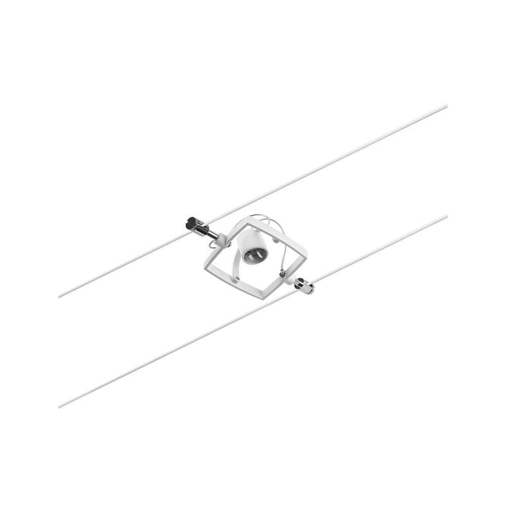 CorDuo Seilsystem Mac II Einzelspot Weiß-Matt, Chrom auf Seilmontage für flexible Raumgestaltung.